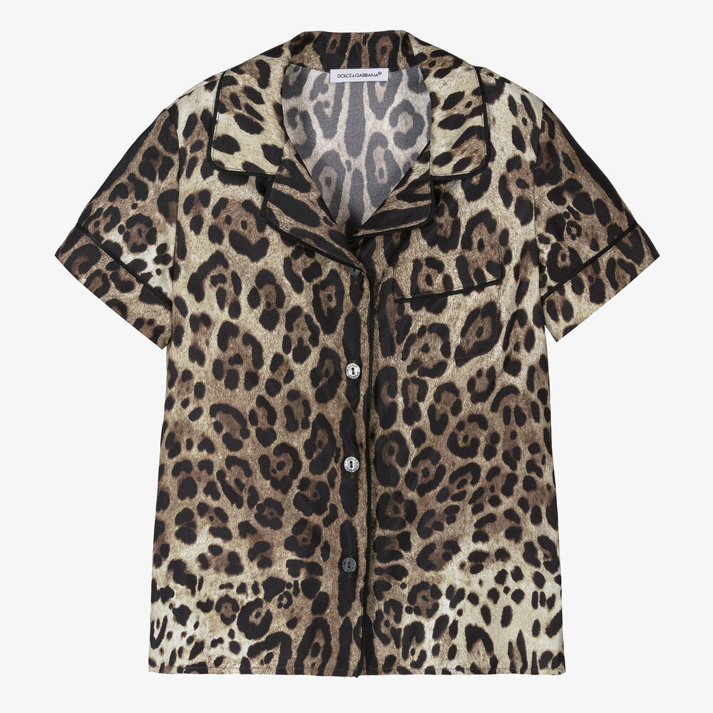 Dolce & Gabbana - Girls Brown Silk Leopard Print Shirt | Childrensalon
