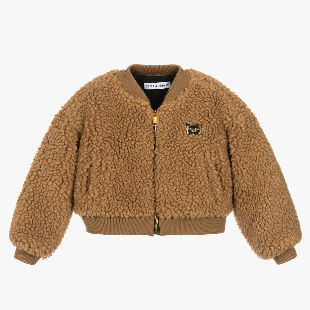 Dolce & Gabbana - Girls Brown Teddy Fleece Bomber Jacket | Childrensalon