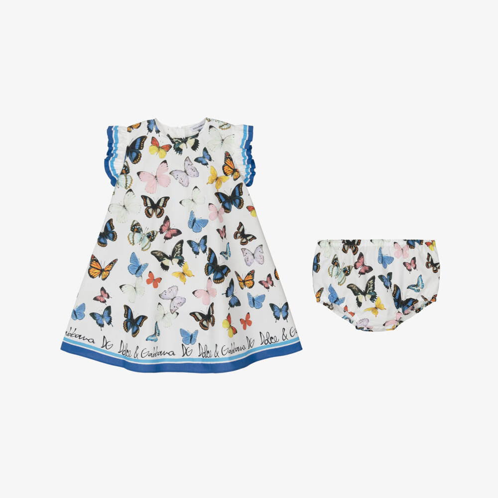 Dolce & Gabbana-Girls Cotton Dress with Blue Butterflies | Childrensalon Outlet