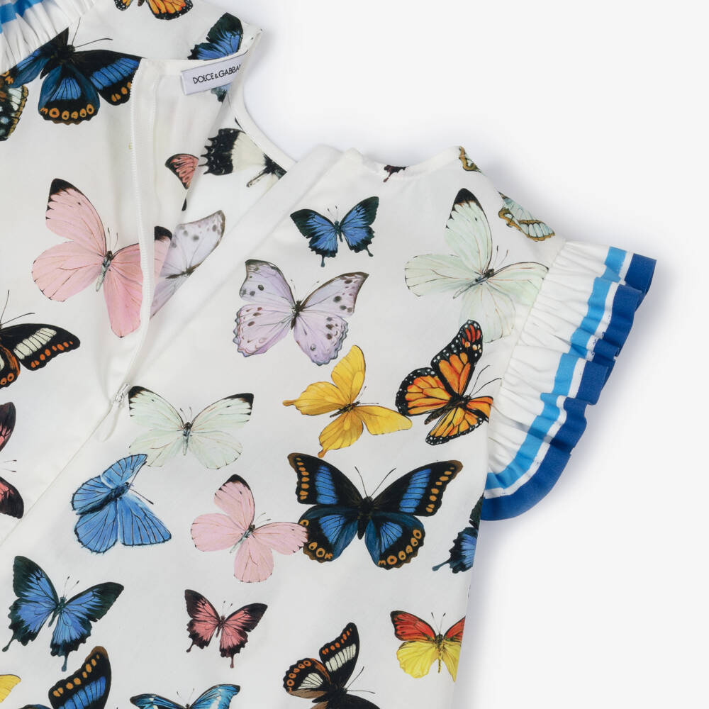 Dolce & Gabbana-Girls Cotton Dress with Blue Butterflies | Childrensalon Outlet