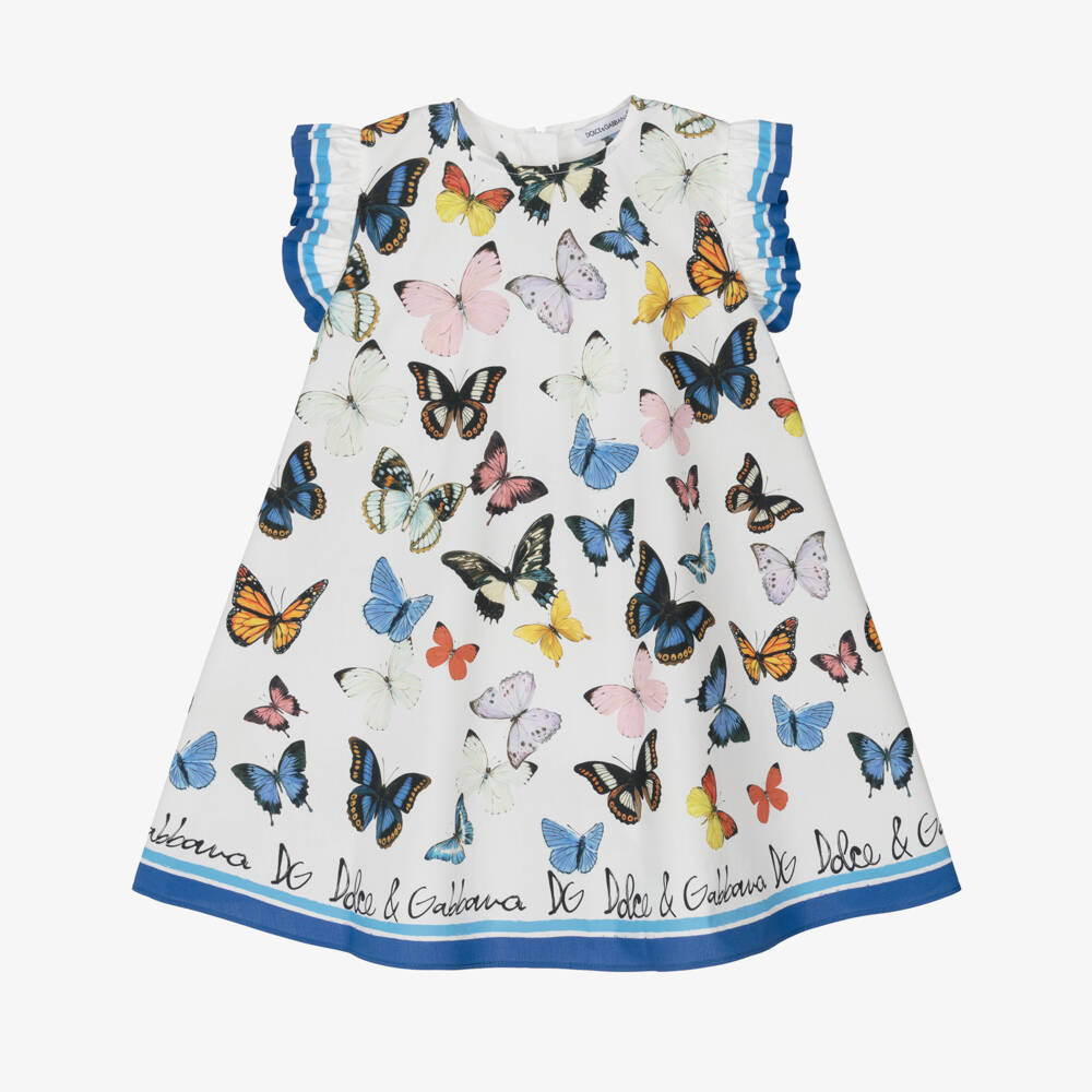 Dolce & Gabbana-فستان قطني للبنات مزين بفراشات زرقاء | Childrensalon Outlet