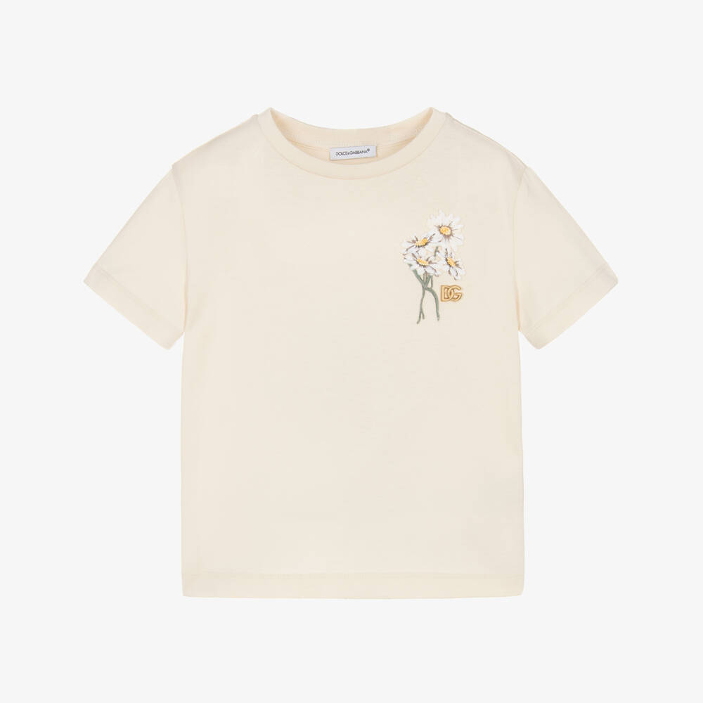 Dolce & Gabbana-Girls Cream Cotton Daisy & DG Logo T-Shirt | Childrensalon Outlet