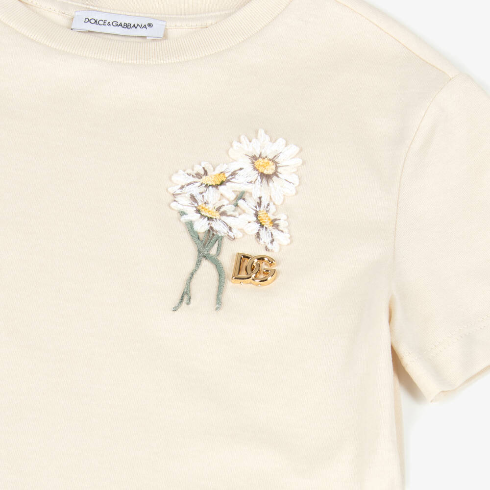 Dolce & Gabbana-Girls Cream Cotton Daisy & DG Logo T-Shirt | Childrensalon Outlet