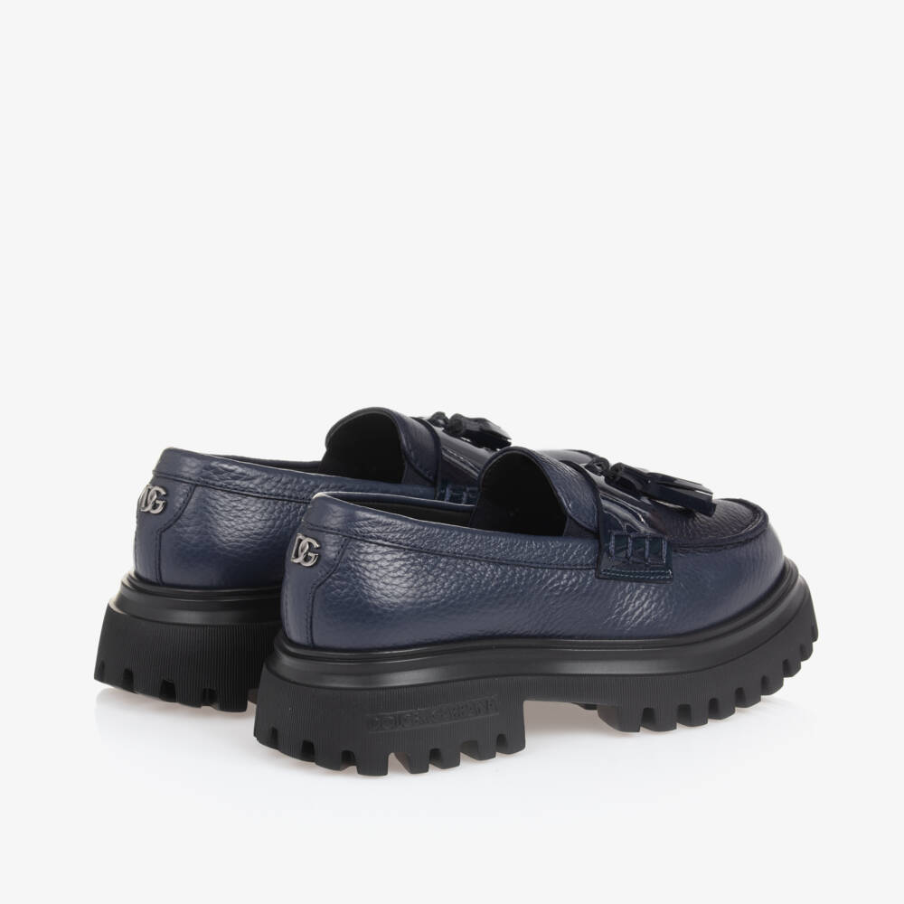 Dolce & Gabbana-Girls Dark Blue Leather Moccasins | Childrensalon Outlet