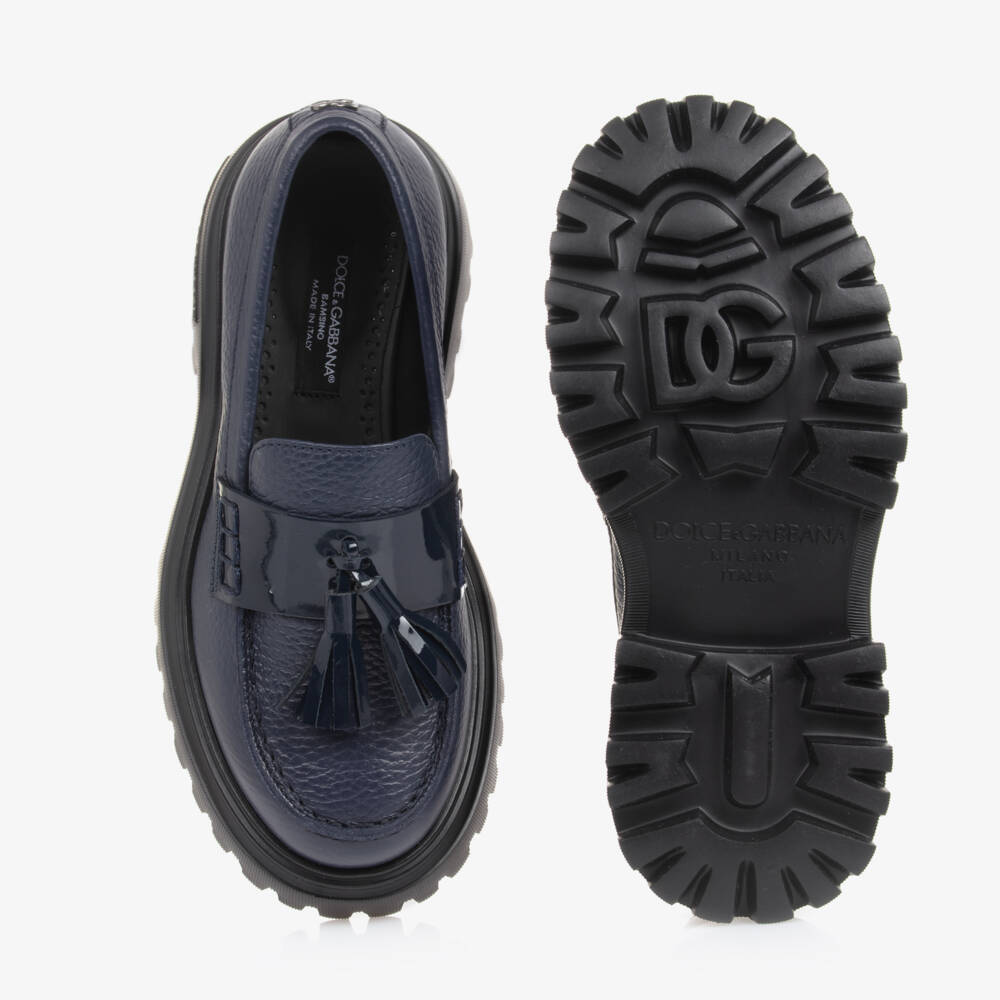Dolce & Gabbana-Girls Dark Blue Leather Moccasins | Childrensalon Outlet