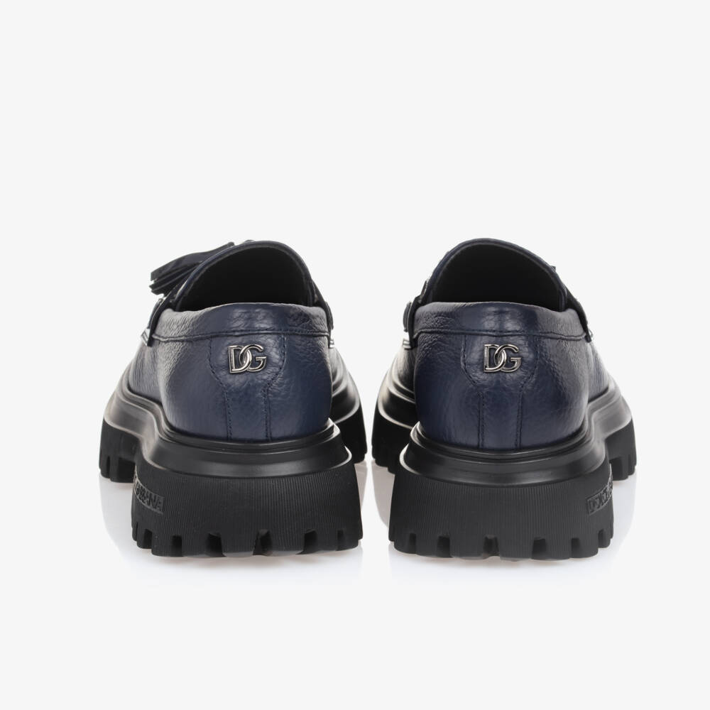 Dolce & Gabbana-Girls Dark Blue Leather Moccasins | Childrensalon Outlet