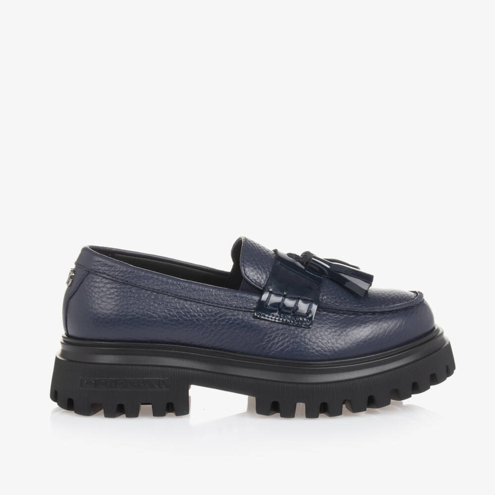 Dolce & Gabbana-Girls Dark Blue Leather Moccasins | Childrensalon Outlet