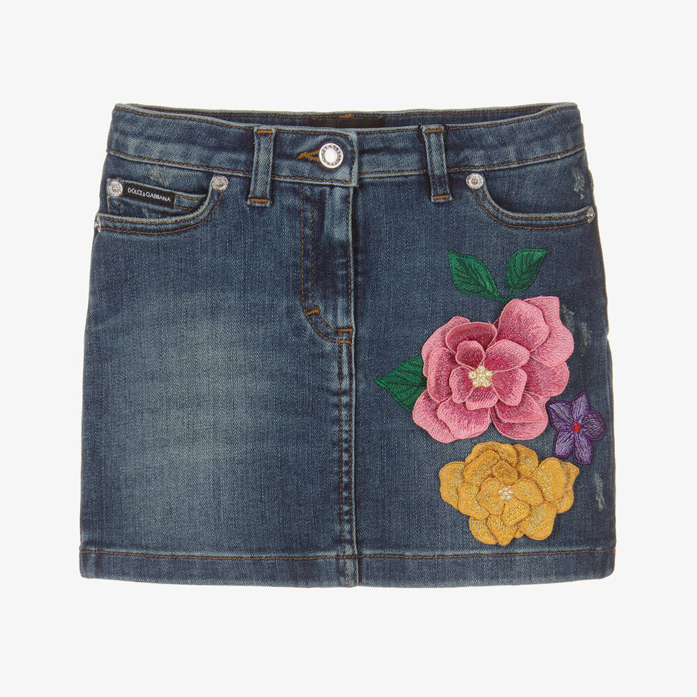 Dolce & Gabbana-Girls Denim Skirt with Floral Embroidery | Childrensalon Outlet
