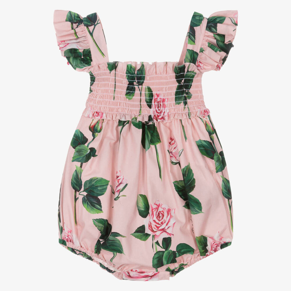 Dolce & Gabbana-Girls' Floral Cotton Pink Playsuit | Childrensalon Outlet