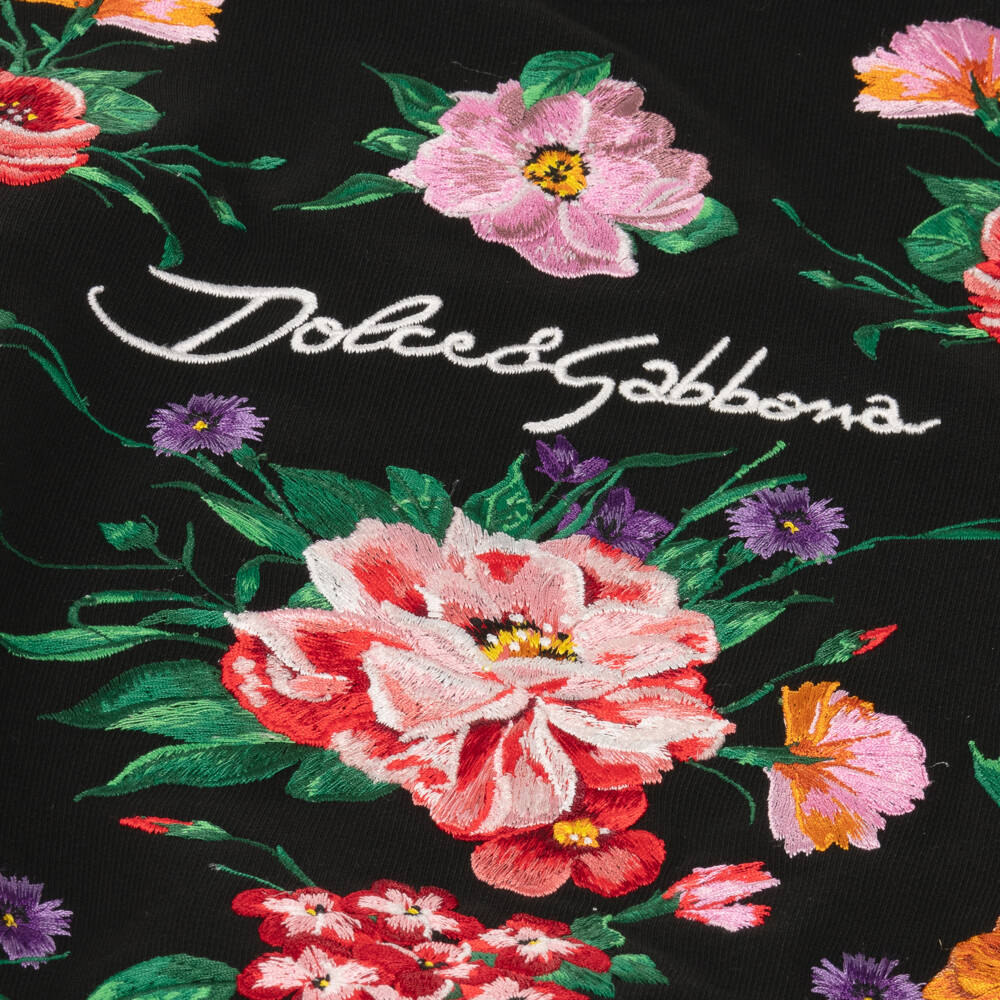  دولتشي آند غابانا-سويتشيرت بورود مطرزة قطن لون أسود للبنات | Childrensalon Outlet