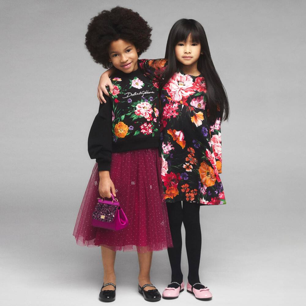  دولتشي آند غابانا-سويتشيرت بورود مطرزة قطن لون أسود للبنات | Childrensalon Outlet