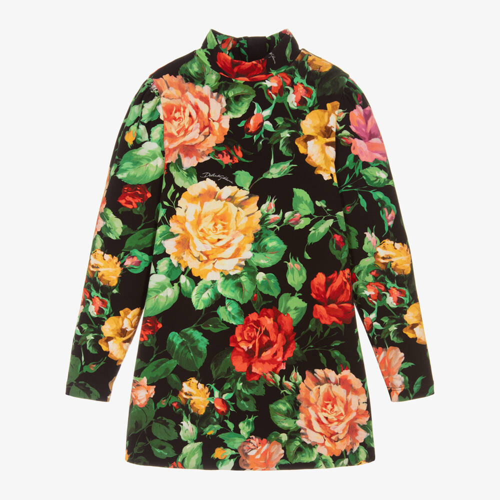 Dolce & Gabbana-Girls Floral Print Black Dress | Childrensalon Outlet