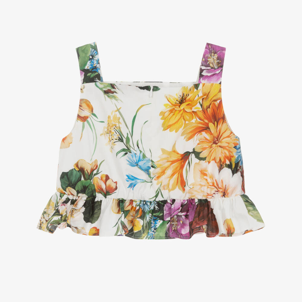 Dolce & Gabbana-بلوزة قطنية بيضاء مزينة بالزهور للبنات | Childrensalon Outlet