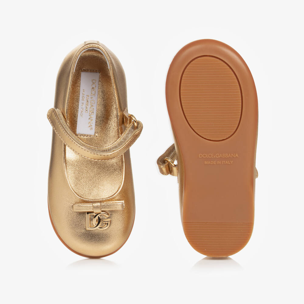 Dolce & Gabbana-Girls Gold Leather Ballerina Shoes | Childrensalon Outlet