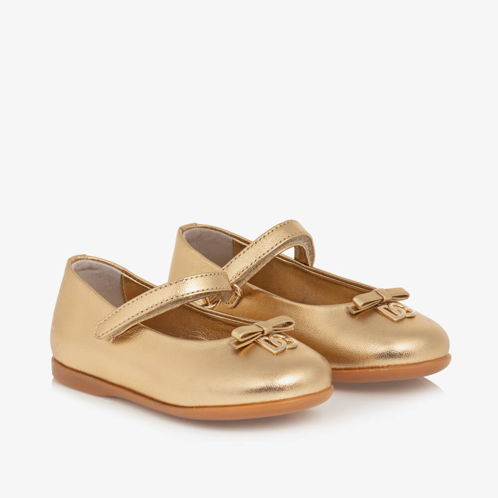 Dolce & Gabbana-Girls Gold Leather Ballerina Shoes | Childrensalon Outlet