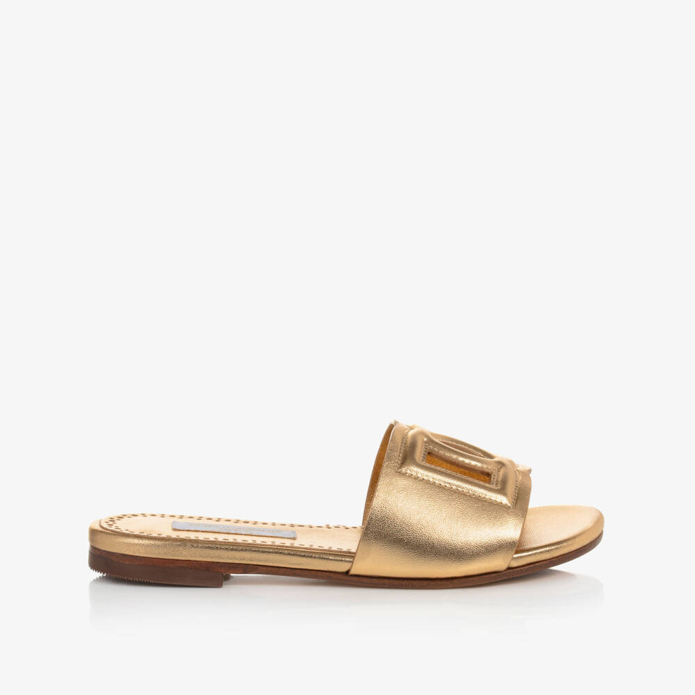 Dolce & Gabbana-Girls Gold Leather DG Sliders | Childrensalon Outlet