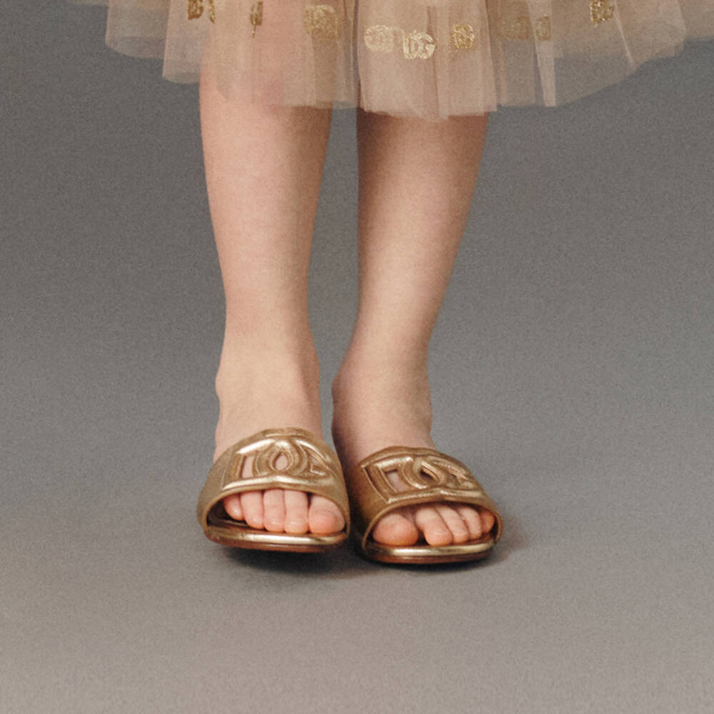 Dolce & Gabbana-Girls Gold Leather DG Sliders | Childrensalon Outlet