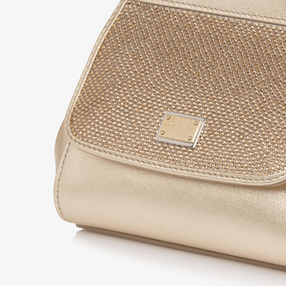 Dolce & Gabbana-Girls Gold Leather Rhinestone Handbag (17cm) | Childrensalon Outlet