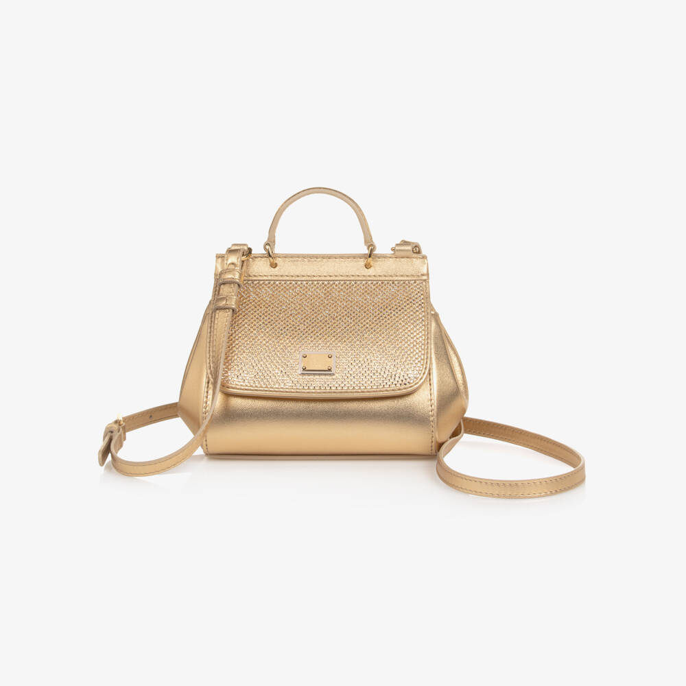Dolce & Gabbana-Girls Gold Leather & Rhinestone Sicily Bag (14cm) | Childrensalon Outlet