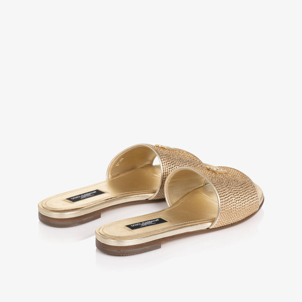 Dolce & Gabbana-Girls Gold Leather Rhinestone Sliders | Childrensalon Outlet