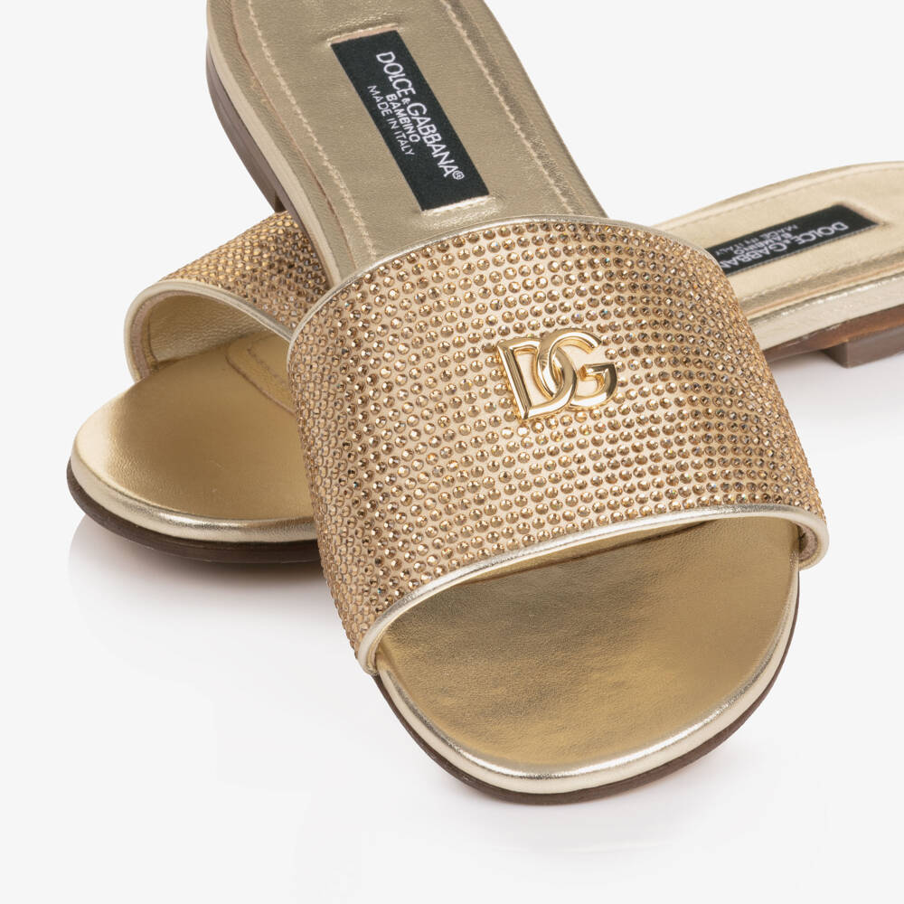 Dolce & Gabbana-Girls Gold Leather Rhinestone Sliders | Childrensalon Outlet