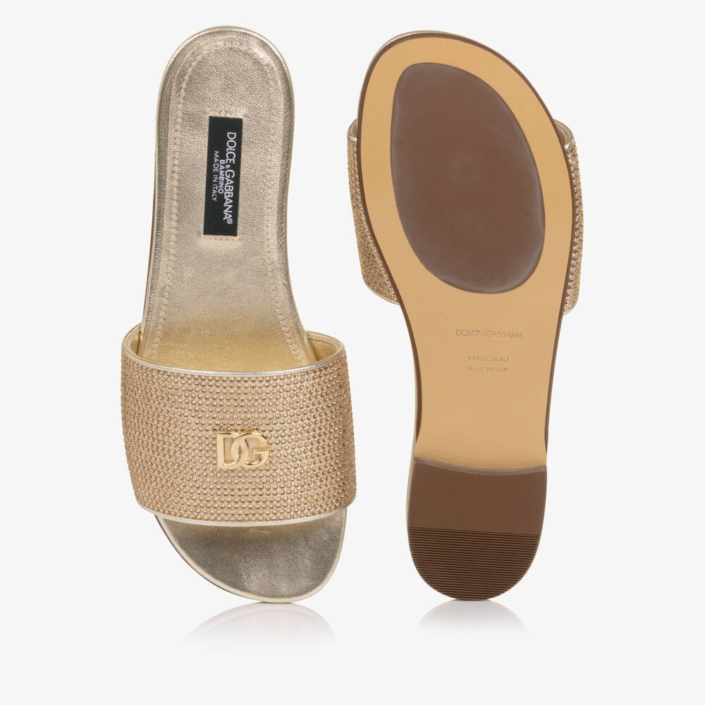 Dolce & Gabbana-Girls Gold Leather Rhinestone Sliders | Childrensalon Outlet