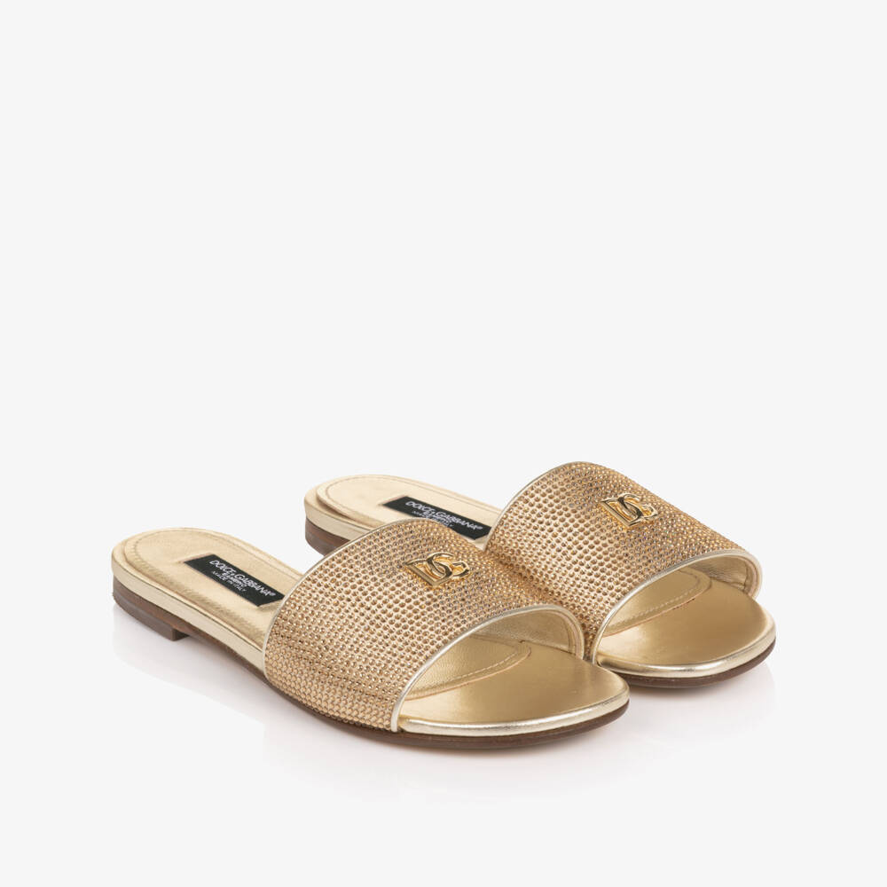 Dolce & Gabbana-Girls Gold Leather Rhinestone Sliders | Childrensalon Outlet