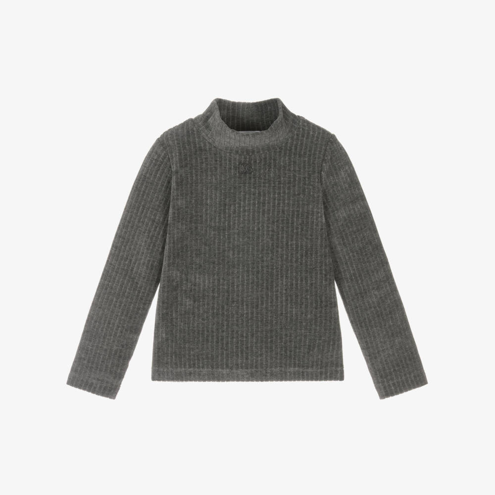 Dolce & Gabbana-Girls Grey Roll Neck Ribbed Velour Top | Childrensalon Outlet