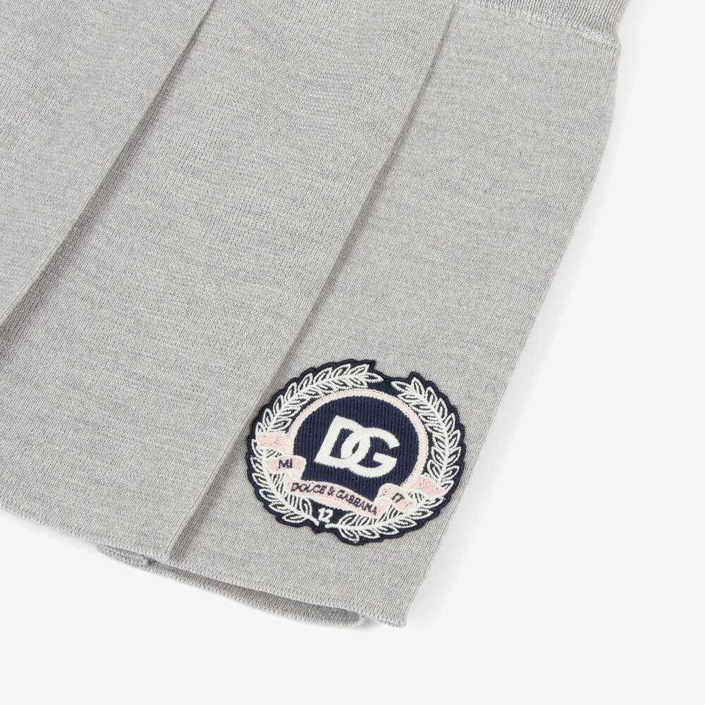 Dolce & Gabbana-Girls Grey Wool Pleated Skirt with Logo Crest | Childrensalon Outlet