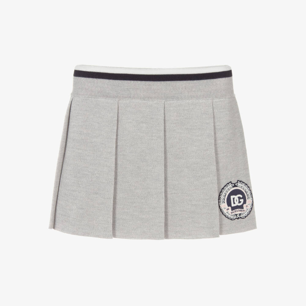 Dolce & Gabbana-Girls Grey Wool Pleated Skirt with Logo Crest | Childrensalon Outlet