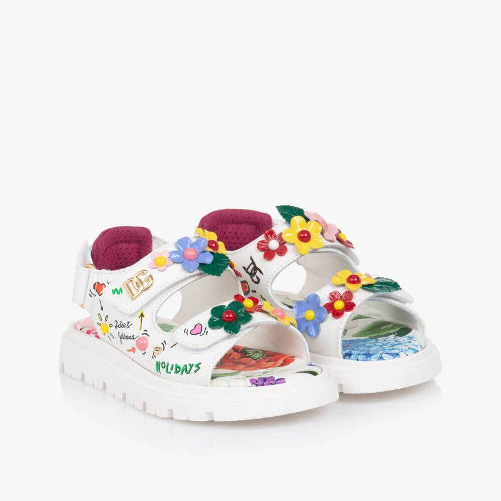 Dolce & Gabbana-Girls Ivory Blossom Leather Sandals | Childrensalon Outlet