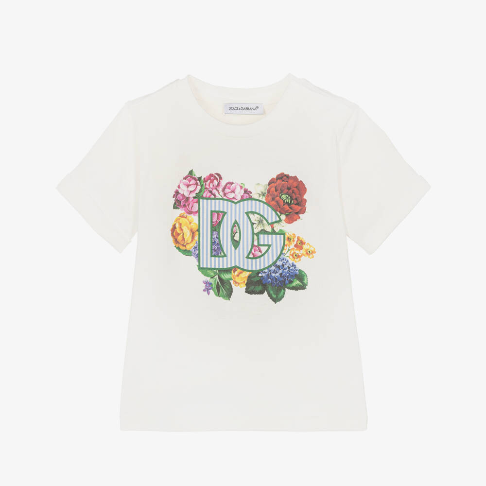 Dolce & Gabbana-Girls Ivory Blossom Logo Tee | Childrensalon Outlet