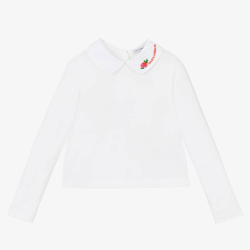 Dolce & Gabbana-بلوز بياقة قطن لون عاجي للبنات | Childrensalon Outlet