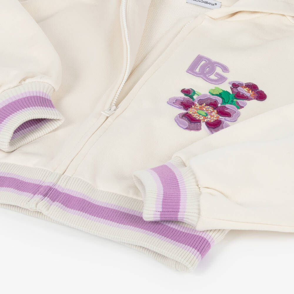 Dolce & Gabbana-Girls Ivory Cotton Hooded Zip-Up Top with Floral Embroidery | Childrensalon Outlet