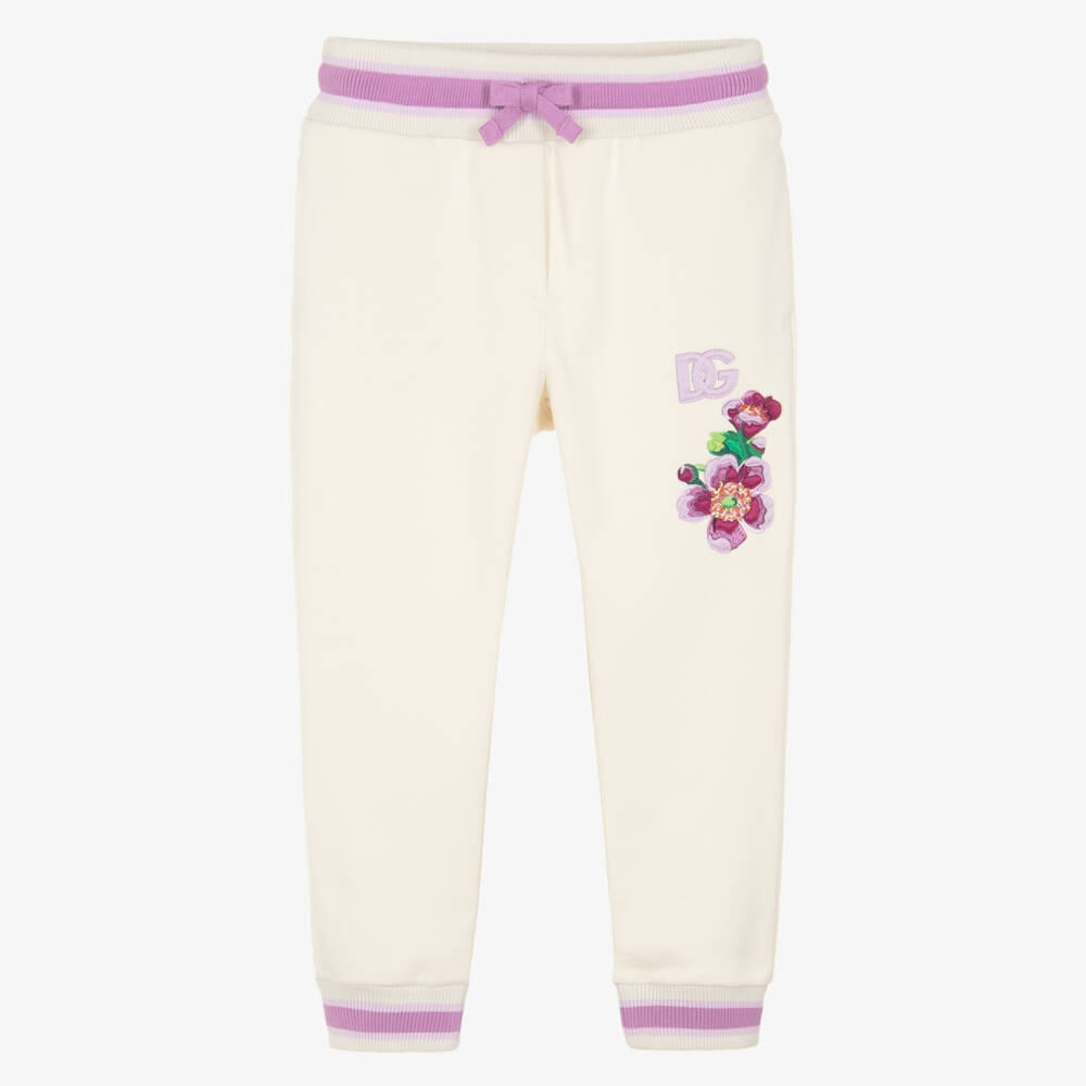 Dolce & Gabbana-Girls Ivory Cotton Joggers with Purple Floral Detailing | Childrensalon Outlet