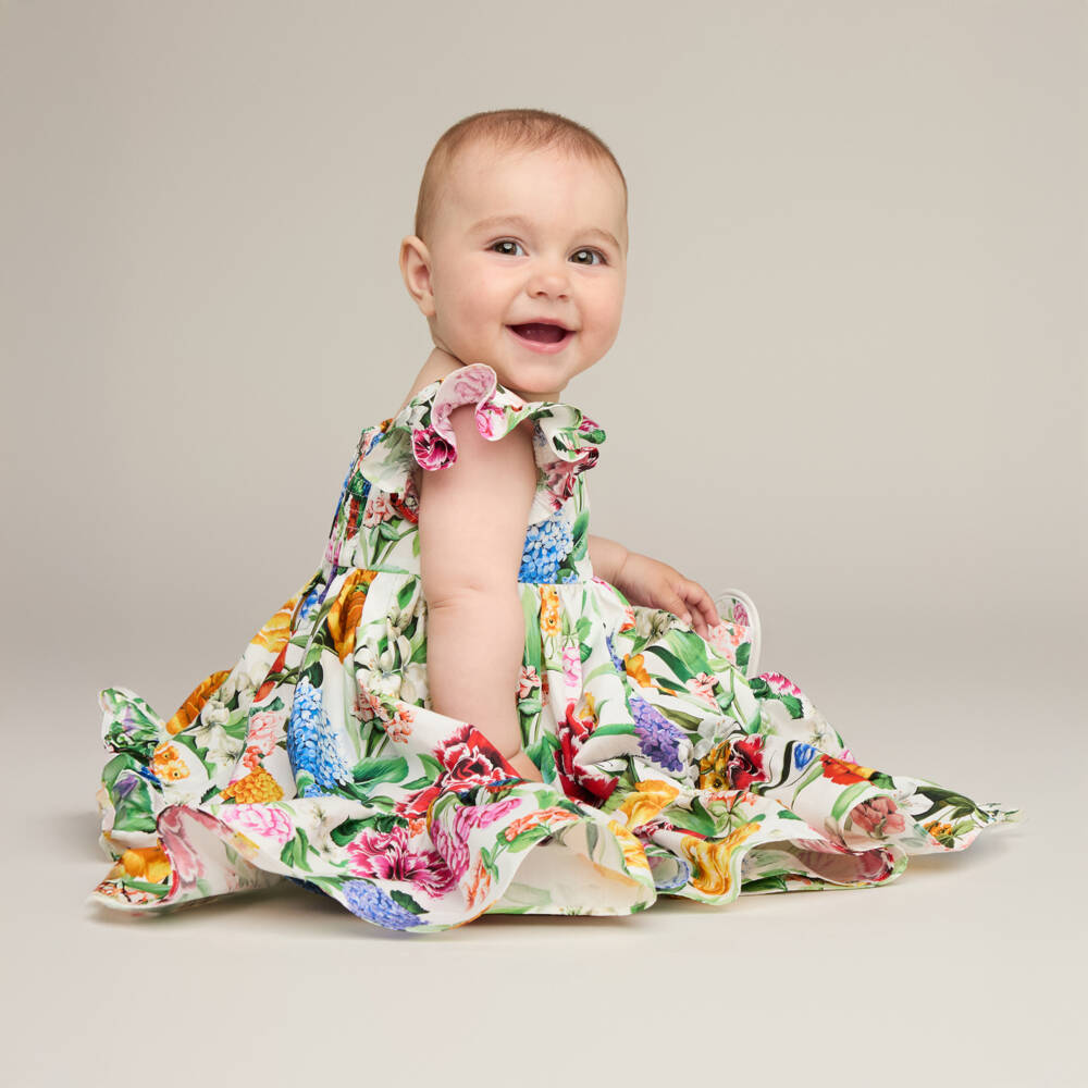 Dolce & Gabbana-Girls Ivory Floral Cotton Dress | Childrensalon Outlet