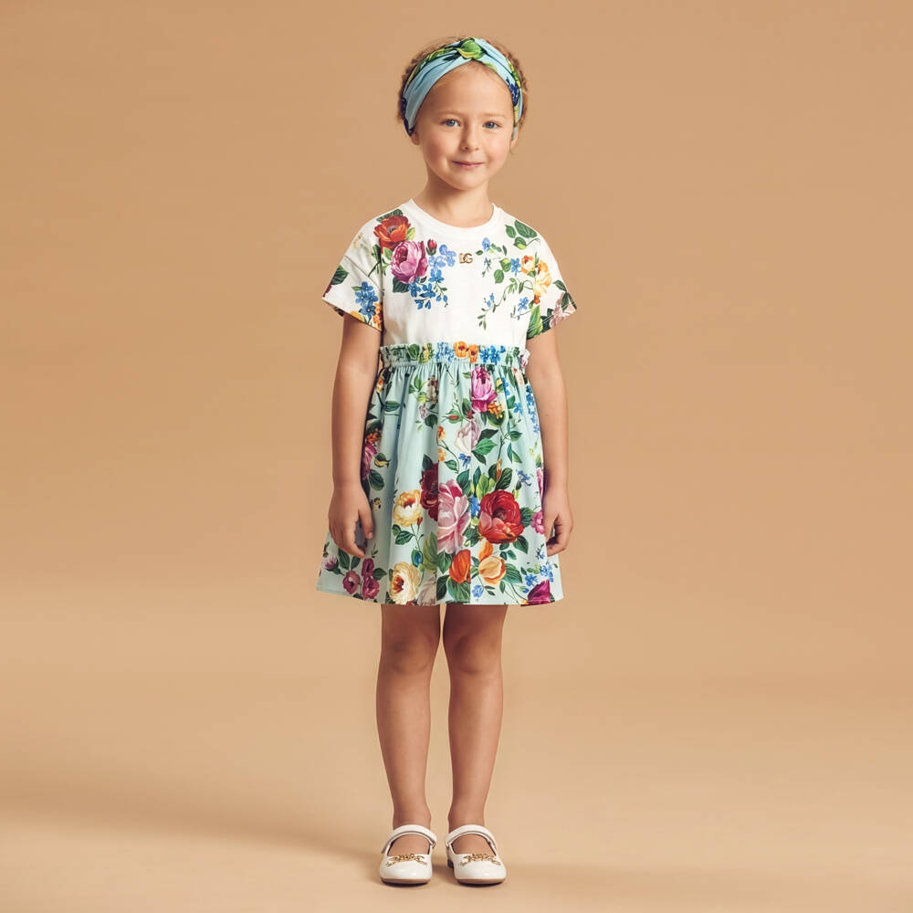 Dolce & Gabbana-Girls Ivory & Green Floral Cotton Dress | Childrensalon Outlet