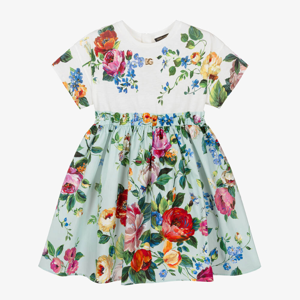 Dolce & Gabbana-Girls Ivory & Green Floral Cotton Dress | Childrensalon Outlet