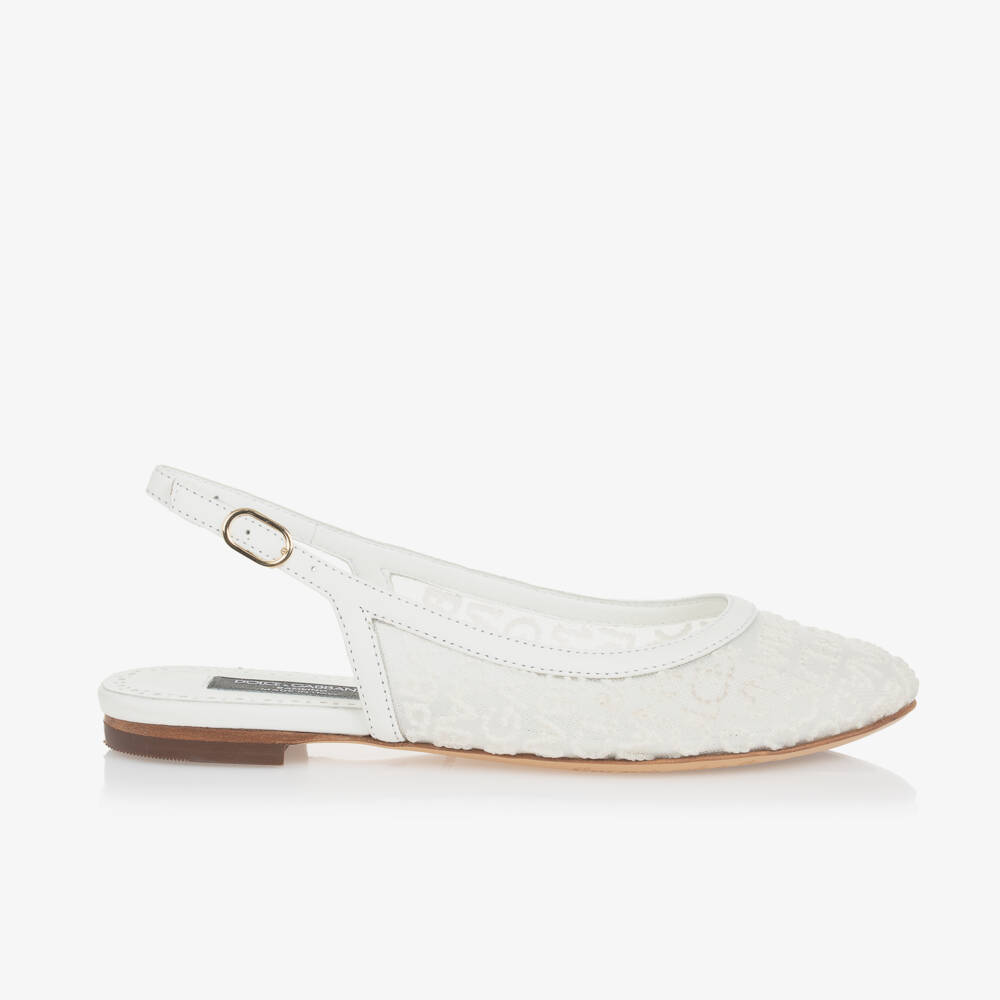 Dolce & Gabbana-Girls Ivory Leather & Mesh Open-Back Flats | Childrensalon Outlet