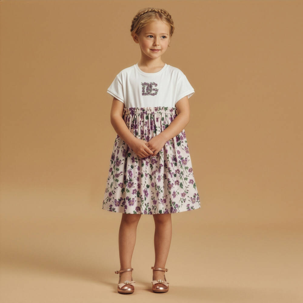 Dolce & Gabbana-Girls Ivory & Pink Floral Cotton Jersey & Poplin Dress | Childrensalon Outlet