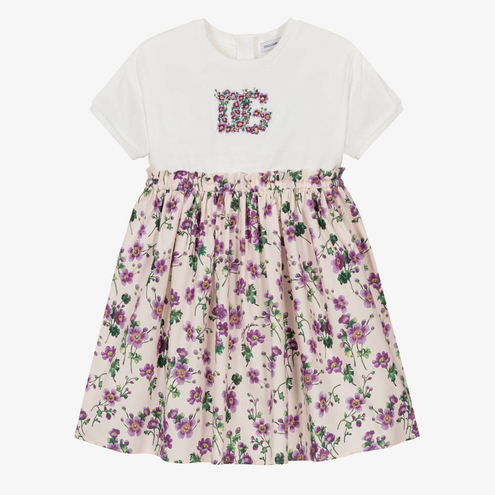 Dolce & Gabbana-Girls Ivory & Pink Floral Cotton Jersey & Poplin Dress | Childrensalon Outlet