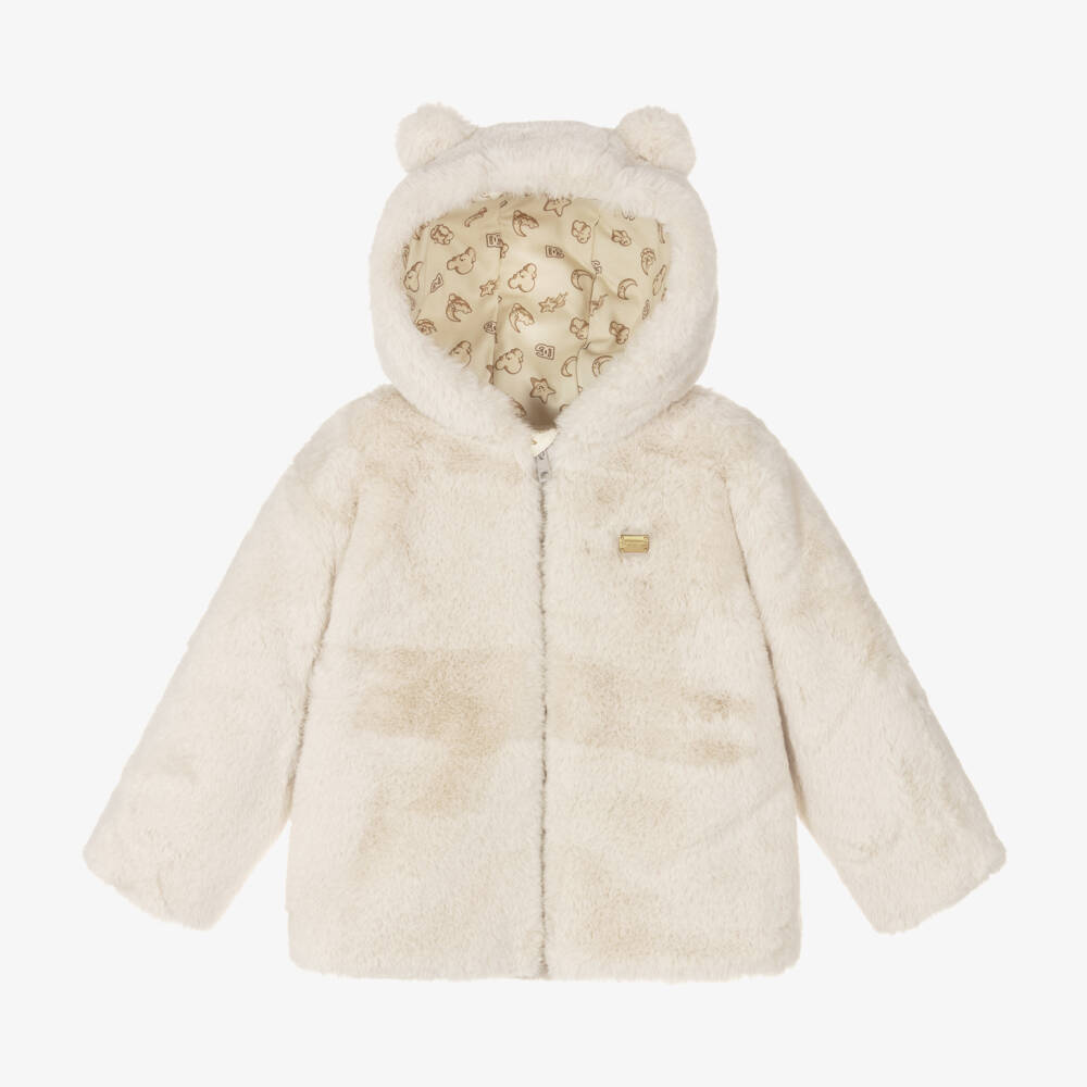 Dolce & Gabbana-Girls Ivory Plush Hooded Jacket | Childrensalon Outlet