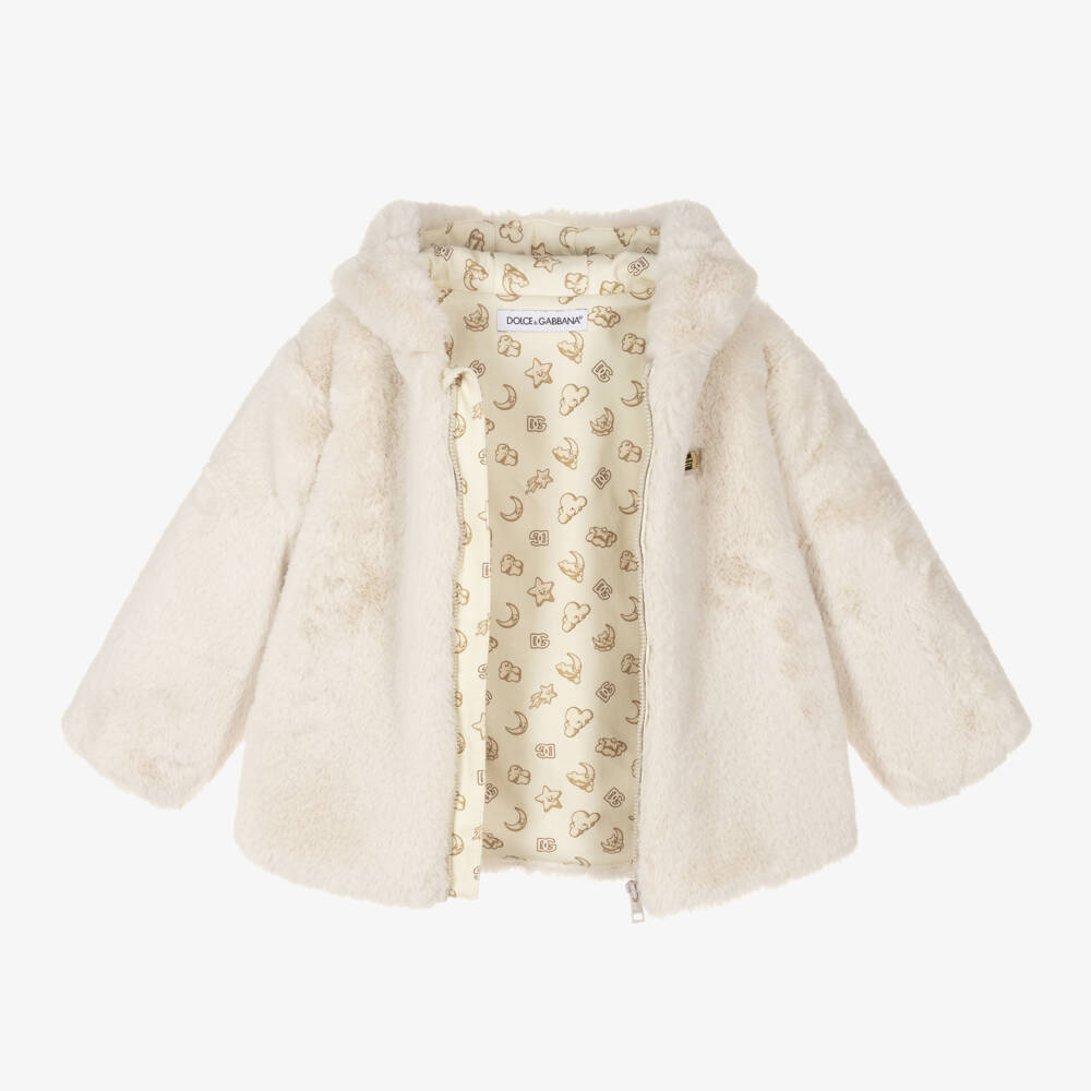 Dolce & Gabbana-Girls Ivory Plush Hooded Jacket | Childrensalon Outlet