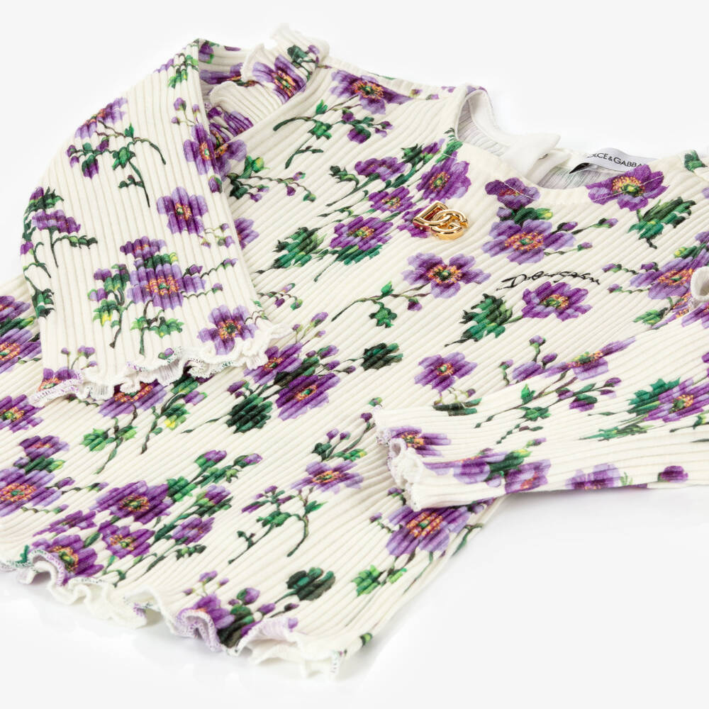 Dolce & Gabbana-Girls Ivory & Purple Floral Ribbed Cotton Jersey Top | Childrensalon Outlet