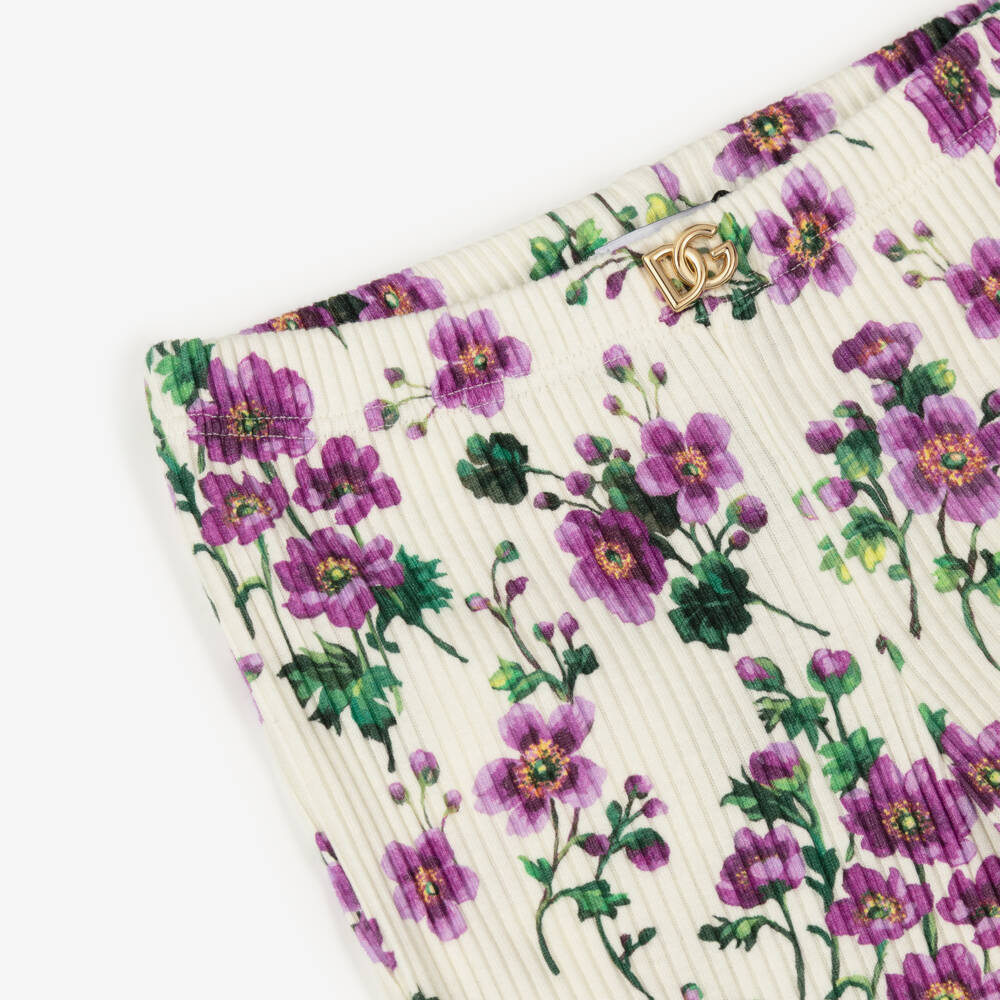 Dolce & Gabbana-Girls Ivory & Purple Floral Ribbed Cotton Leggings | Childrensalon Outlet
