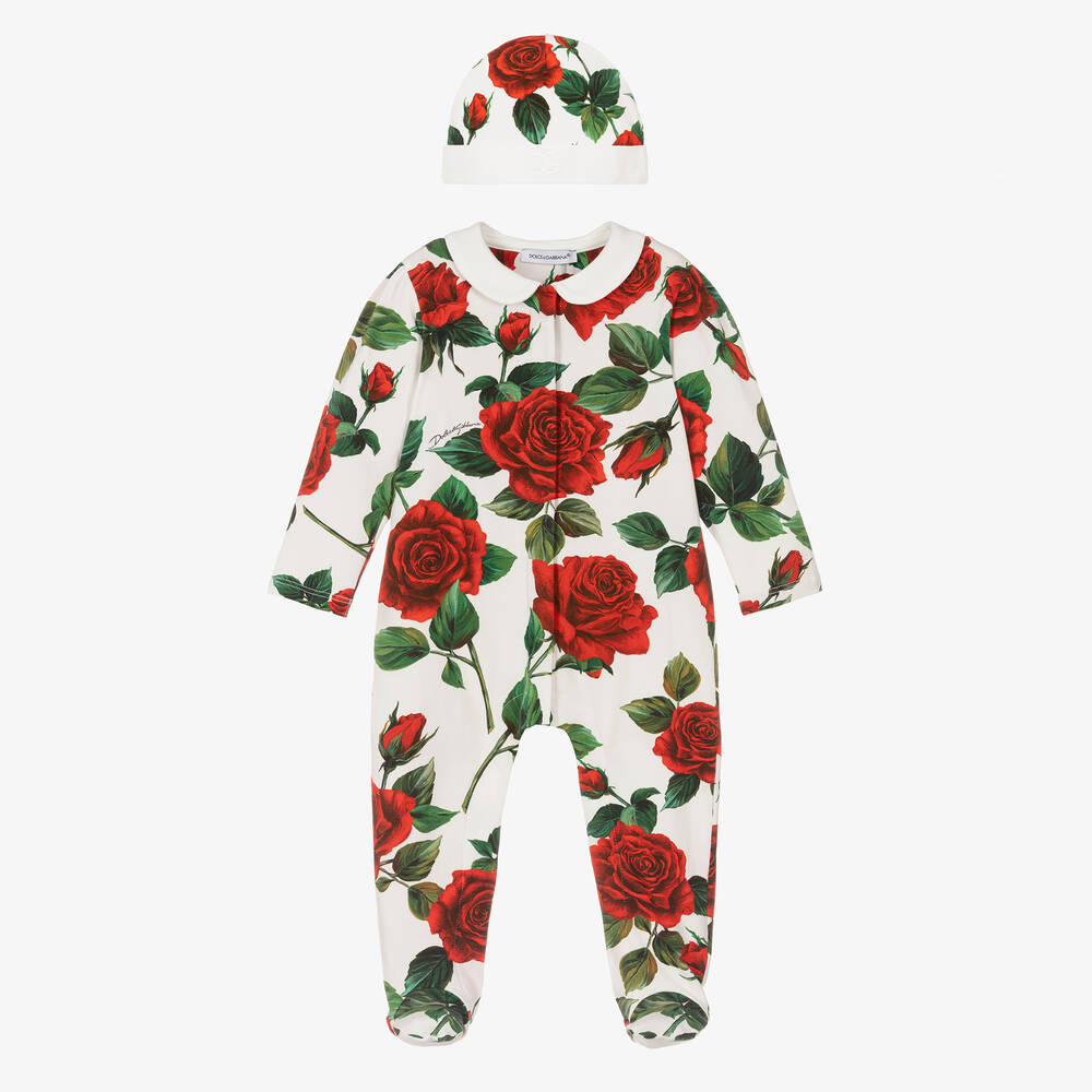 Dolce & Gabbana - Girls Ivory & Red Cotton Rose Babysuit Set | Childrensalon