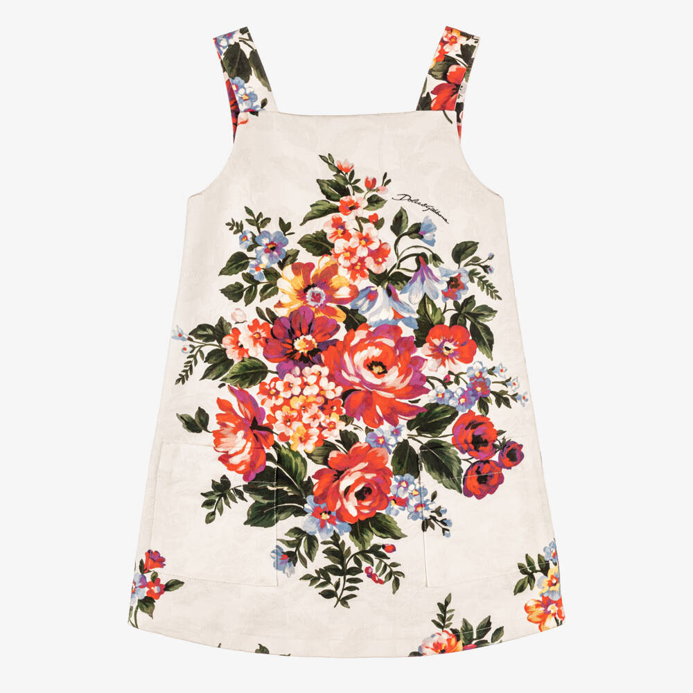 Dolce & Gabbana-Girls Ivory & Red Floral Jacquard Cotton Dress | Childrensalon Outlet