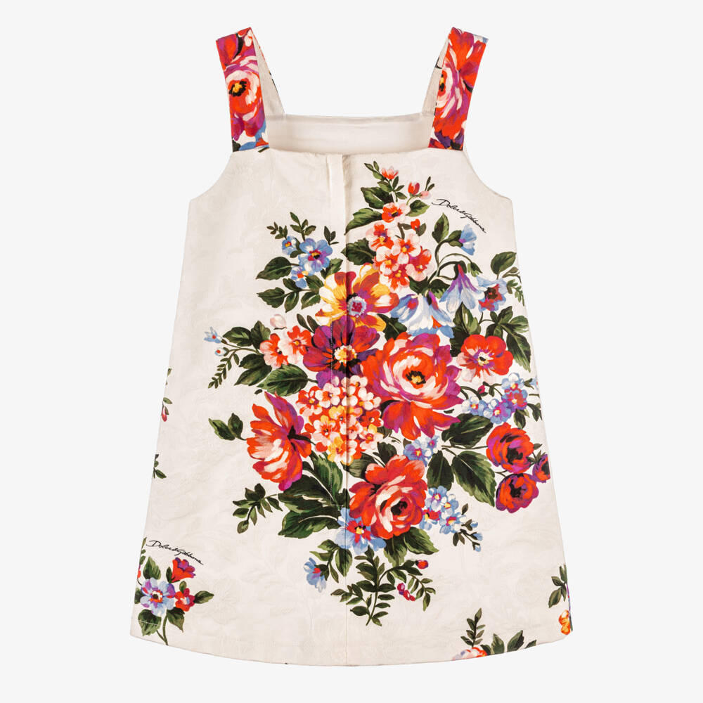 Dolce & Gabbana-Girls Ivory & Red Floral Jacquard Cotton Dress | Childrensalon Outlet