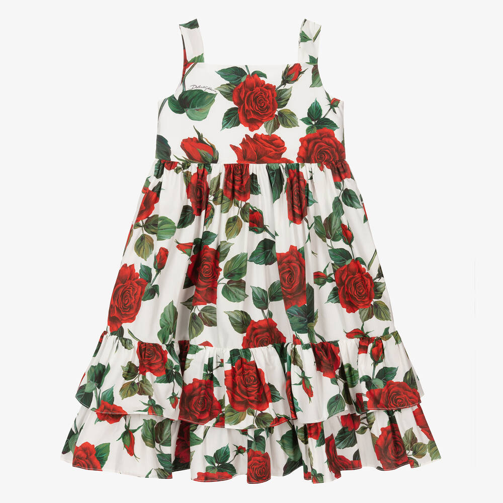 Dolce & Gabbana - Girls Ivory & Red Rose Print Dress | Childrensalon