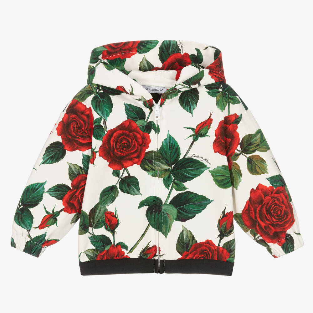 Dolce & Gabbana - Girls Ivory & Red Rose Zip-Up Hoodie | Childrensalon